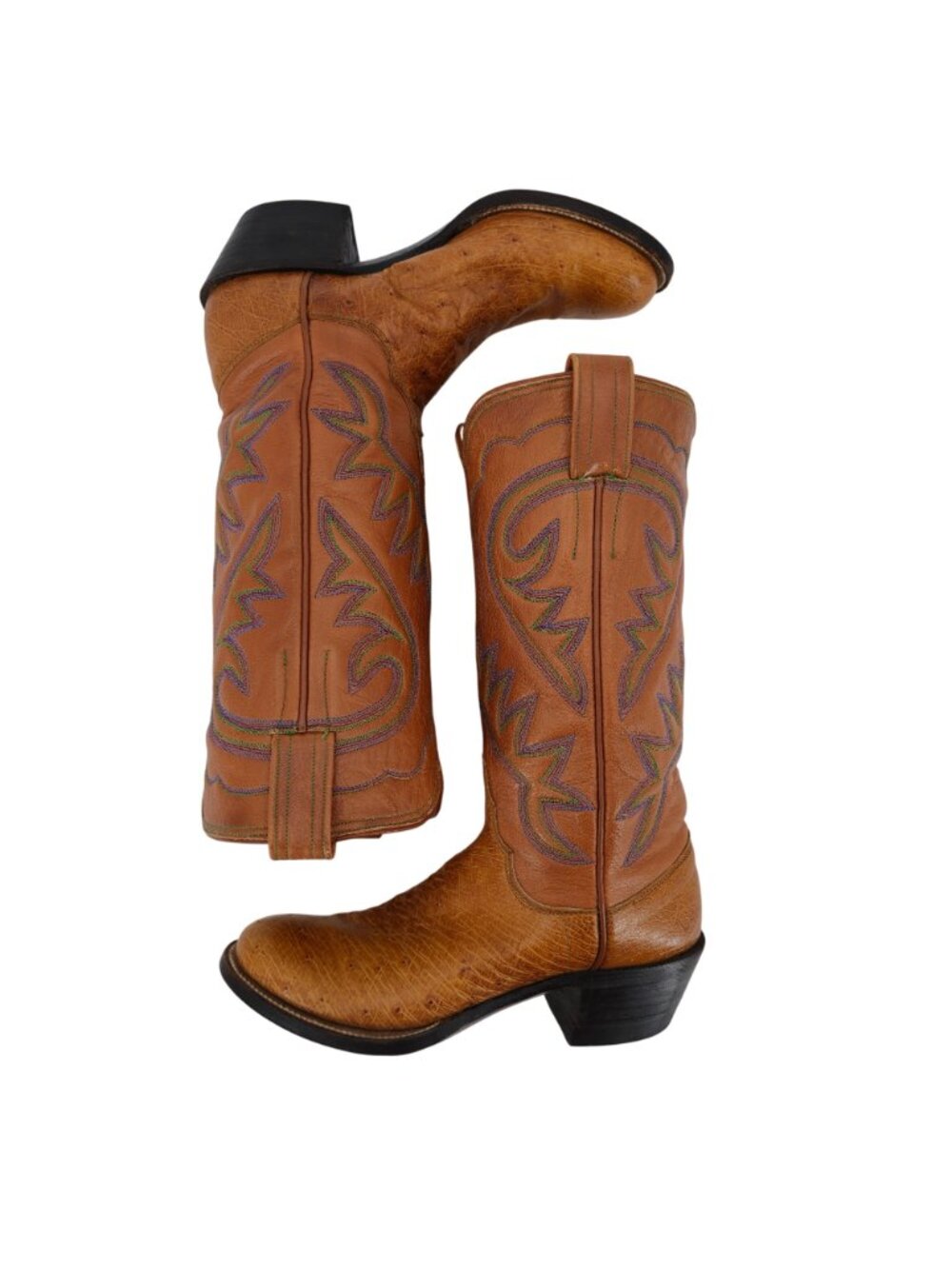 M.L. Leddys Ostrich Exotic Cowgirl Boots Womens 5B Brown Purple Green Cowboy CBC - Picture 12 of 16